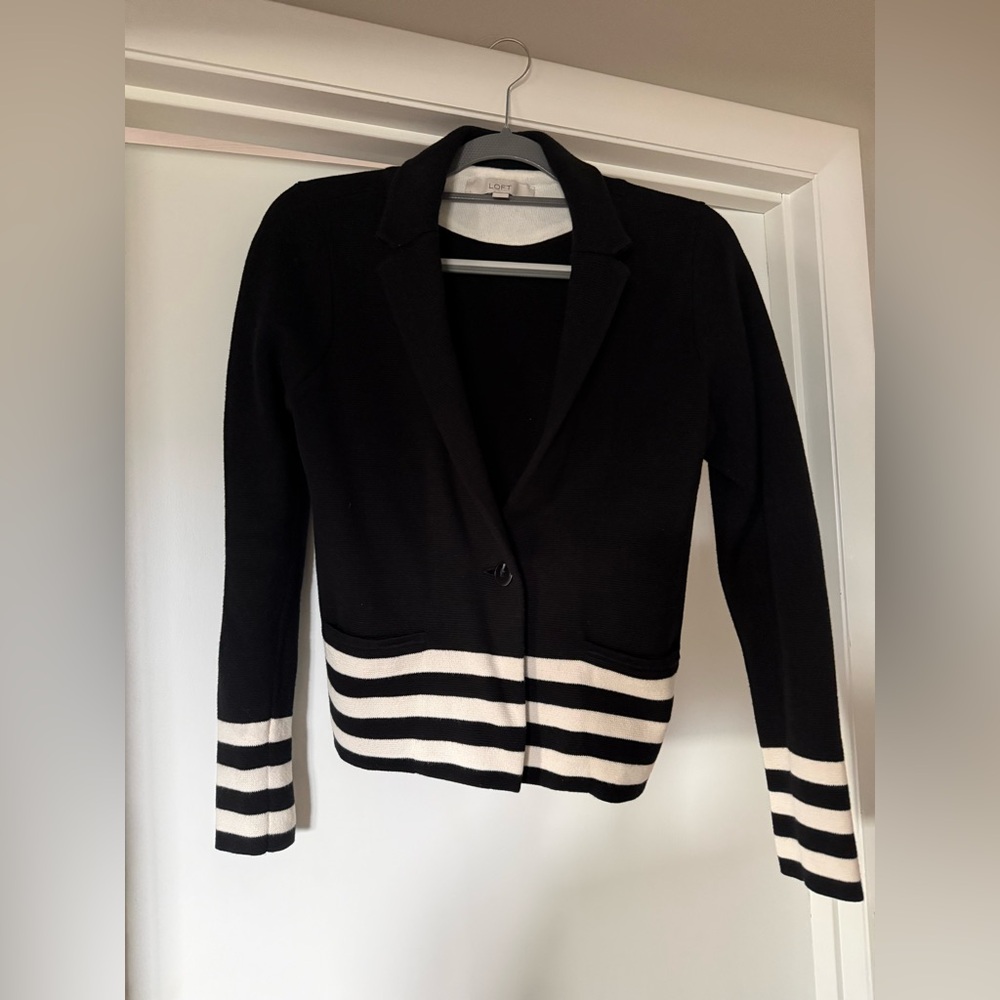 Loft Black and White Striped Sweater Blazer
